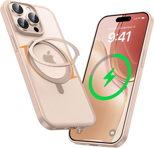 MAGIC JOHN 360° Rotatable Magnetic Invisible Stand for iPhone 15 Pro Case [Anti-Slip Grip] [Compatible with MagSafe] 16FT Shockproof for iPhone 15 Pro Case with Kickstand, Rose Gold