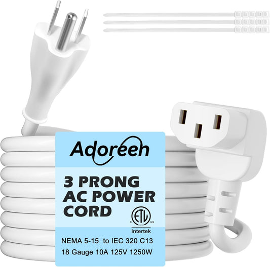 Adoreen 2 Ft Computer TV Replacement Power Cord White, 90 Degree Angled L-Shaped 18AWG 3-Prong AC Universal Power Supply Cable NEMA 5-15P to IEC 320 C13 for Printer, PC, Monitor TV LCD, ETL+Ties