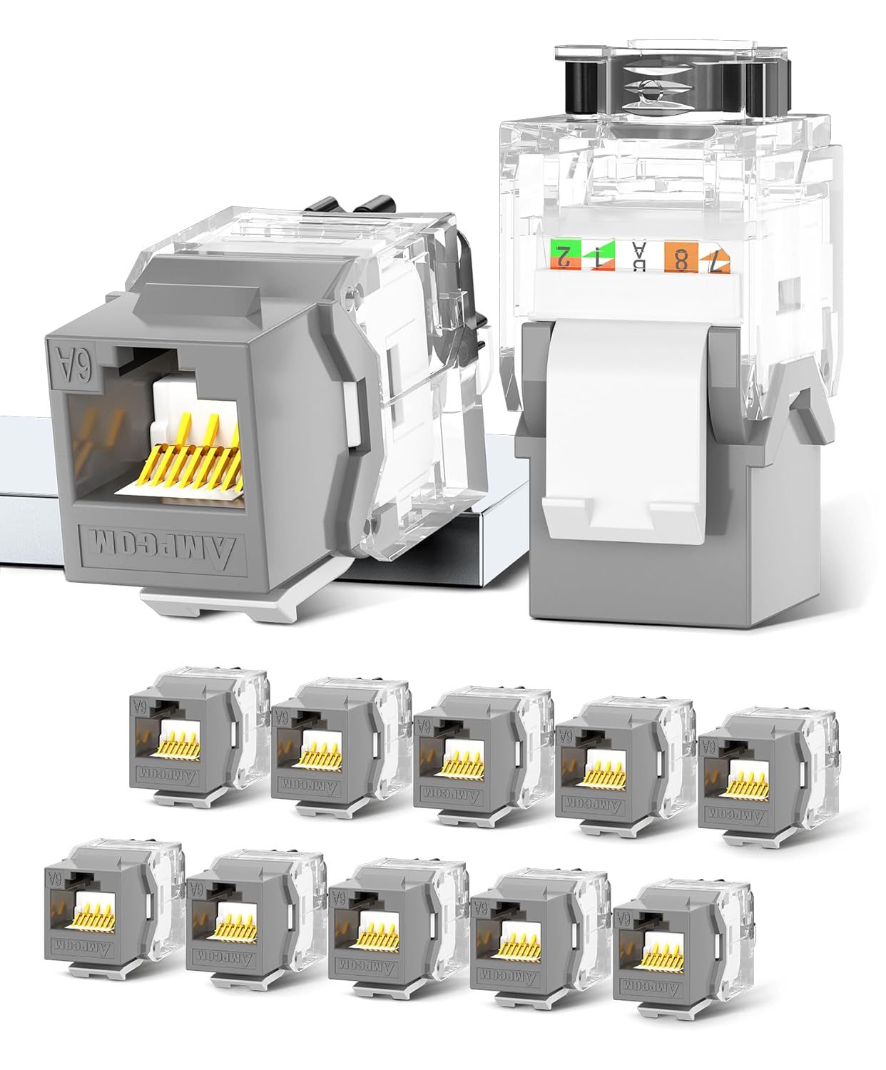 AMPCOM CAT6A UTP RJ45 Keystone Jack 50u Gold Plating Reusable Ethernet Wall Jack with Adjustable Ratchet Lock (No Tool and Zip Tie Required) - Gray (12-Pack)
