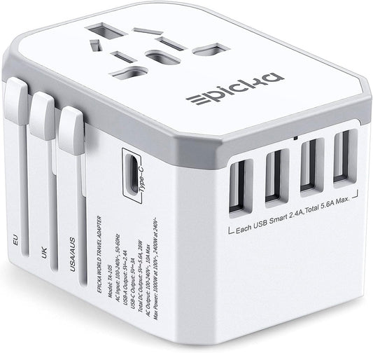 EPICKA Universal Travel Adapter, European Travel Plug Adapter - International Power Adapter Worldwide Charger with USB-C & 4 USB-A Ports, Travel Essentials for Italy, Japan, Europe, UK (TA-105, White)