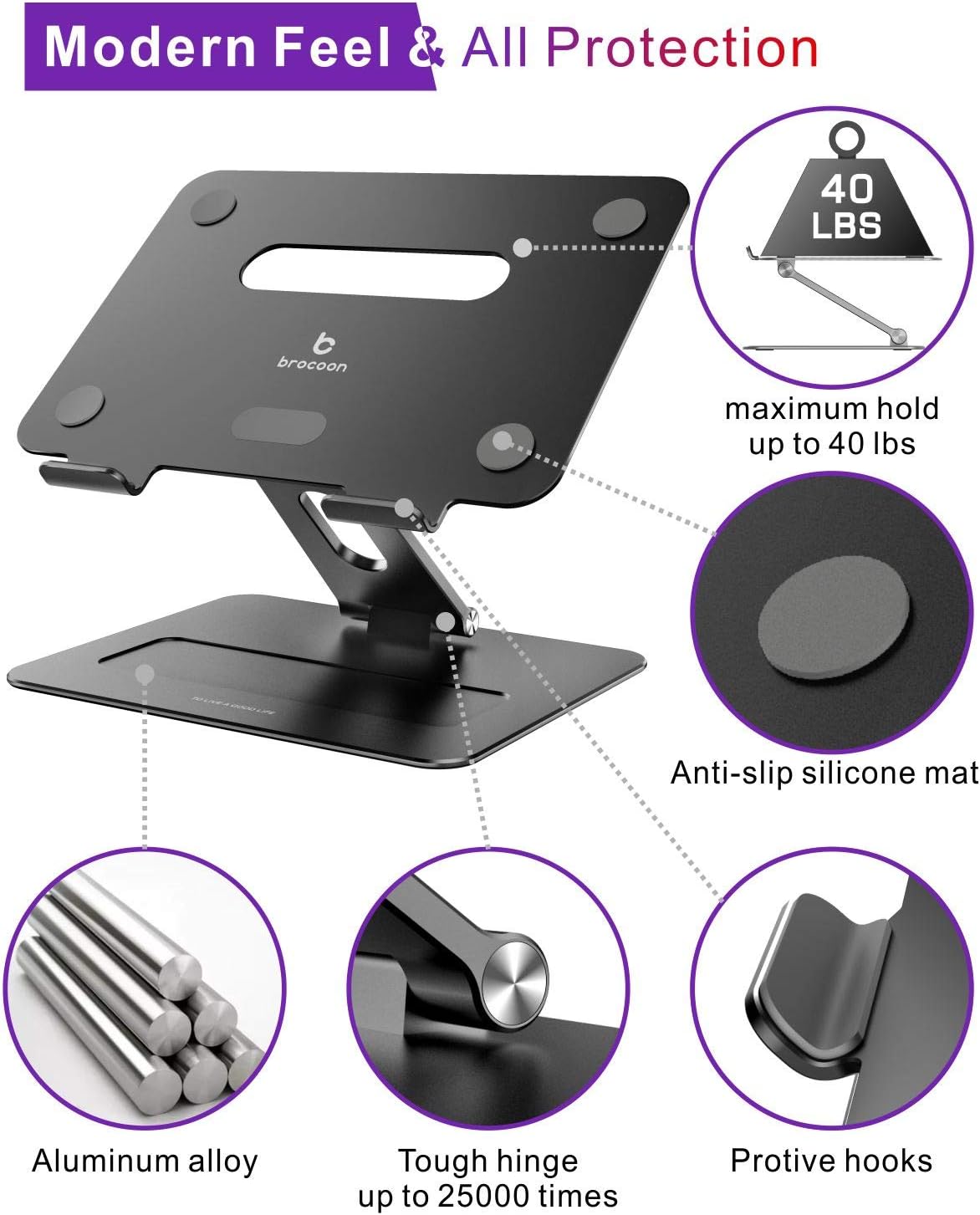 Laptop Stand | Adjustable Ergonomic Riser for Desk, Aluminum Computer Holder with Heat Vent, Fits 10–17" Laptops, Dark Black