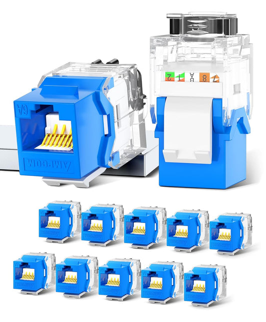 AMPCOM CAT6A UTP RJ45 Keystone Jack 50u Gold Plating Reusable Ethernet Wall Jack with Adjustable Ratchet Lock (No Tool and Zip Tie Required) - Blue (12-Pack)