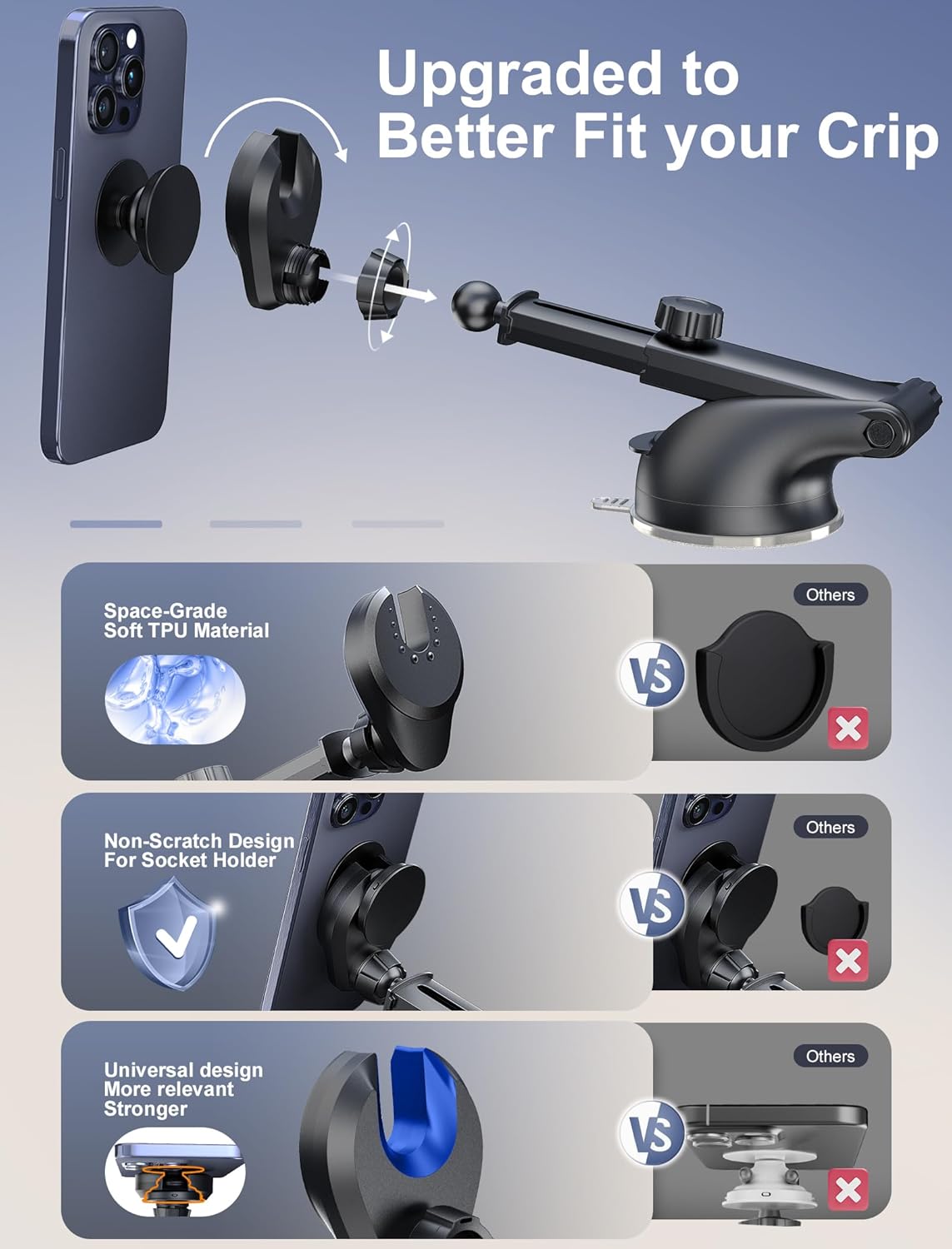 TOPGO [2024 Upgraded] Socket Car Phone Mount, [Extra Sticky, Non-Shaking] Multi-Functional Suction Cup Dashboard & Windshield Car Phone Holder for iPhone and All Smartphones with Socket Grip