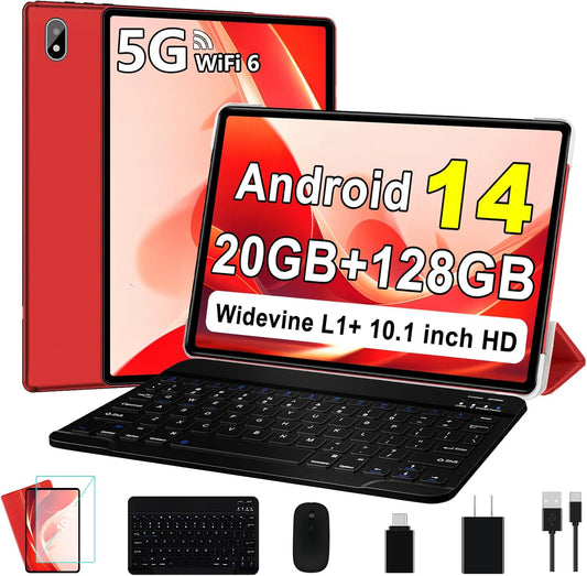 Android 14 Tablet 10 Inch Tablets, 20GB+128GB/1TB Expandable, Tablets with Octa-Core, WiFi 6, Dual Camera, BT 5.0, 6000mAh Battery, HD IPS Display, Widevine L1, Tablet with Keyboard Mouse - Red