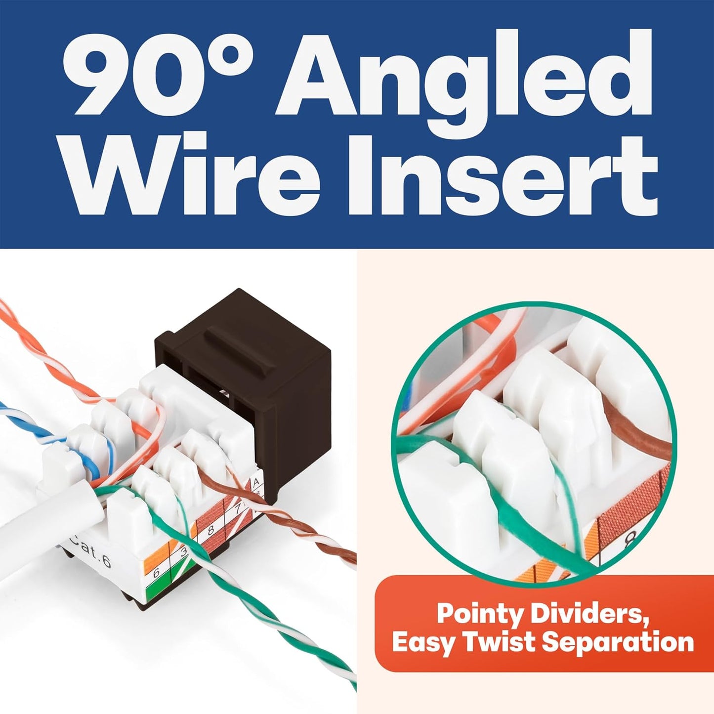 Everest 90° Angled RJ45 Cat6 Keystone Jacks 20-Pack in Brown - Slim Profile Female RJ45 Connectors - Cat 6 Keystone Jack - Compatible with 90° Angled Speed Termination Tool - easyJACK (B094WB91H3)