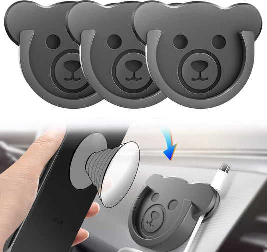 TOPGO Socket Car Mount for Phone Holder Cute Bear Style Silicone Grip Stand with Phone line Clasp for Collapsible Socket User Used on Dashboard, Home, Office, Kitchen, Desk, Wall (Black) 3 Pack