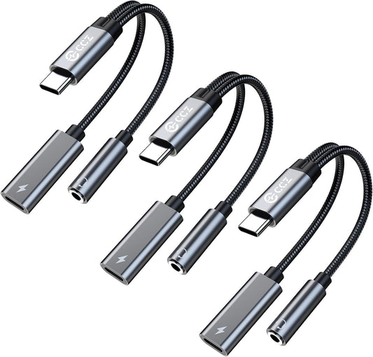 3PCS USB C Splitter for KZ ZS10 PRO, CCZ CA01 USB C to 3.5mm Audio Headphone and Charger Adapter, Type C Headphone Splitter 1 in 2 Out, Dongle Audio Cable DAC for Samsung Galaxy S25/S24 (USBC-3.5MM)