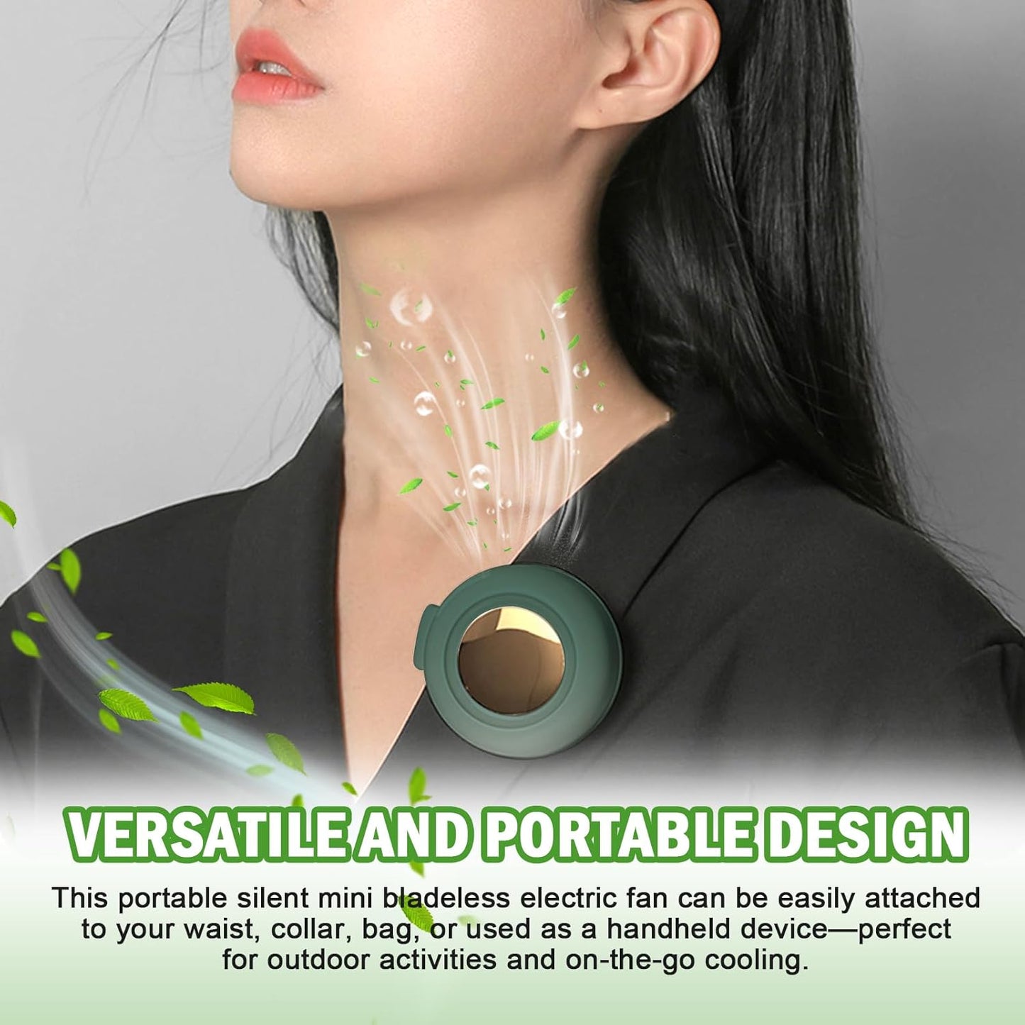 Portable Silent Mini Bladeless Fan Clip on, Portable Silent Mini Bladeless Electric Fan, For Outdoor & Travel & Office, Travel Accessories, Gift, Adjustable 3-Speed (Type-c, Green)