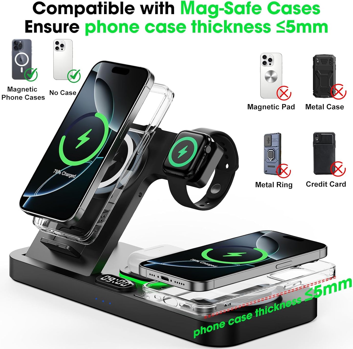 Dual Phone Wireless Charging Station for Apple Devices, Magnetic Charging Station for iPhone with Auto Switch 7-Color Light&Clock, Family Watch Charger for iPhone17 for iWatch10 for AirPods Pro3(Black