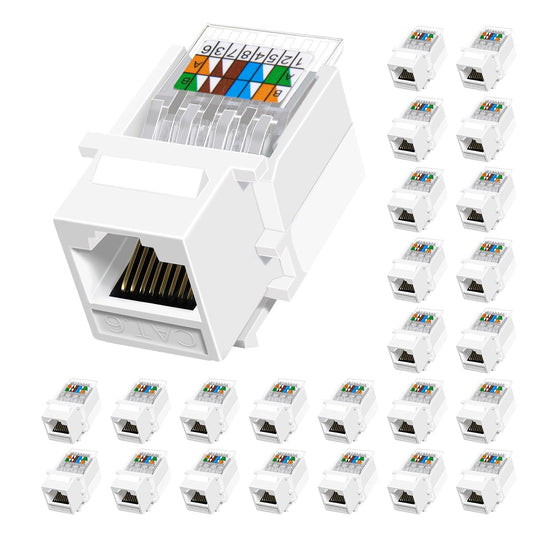 Cat6 RJ45 Keystone Jacks Toolless 25-Pack, Female RJ45 Connectors, Ethernet Keystone Jack No Punch-Down Tool Required Module Coupler (Not for Patch Panel),White