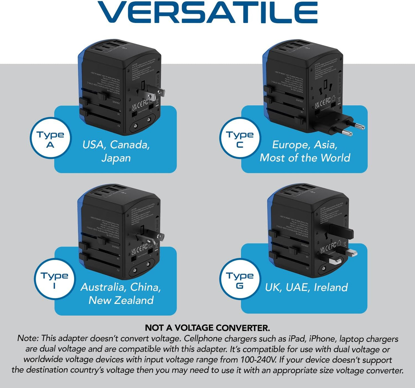 Ceptics Universal Travel Adapter, 5 in 1 Universal Laptop Charger with 2X USB-A & USB-C 3.5A for Mobiles, Laptops, Cameras US, UK, EU, AU, All in 1 Type A, C, G, I Output,