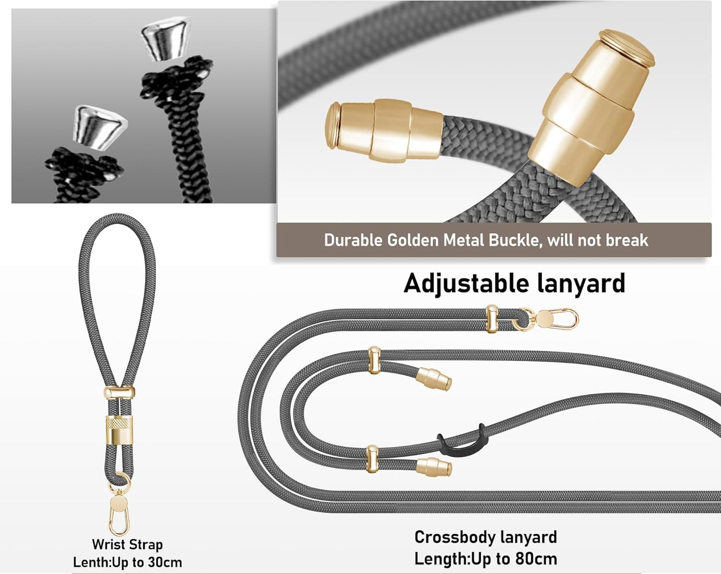 Cell Phone Lanyard Adjustable Crossbody Phone Lanyard *1 Phone Wrist Strap *1 with Deluxe Gold Matal Buckle + Clear Tether Tabs *2 for Shopping Travelling Hiking(BLACKGRAY)