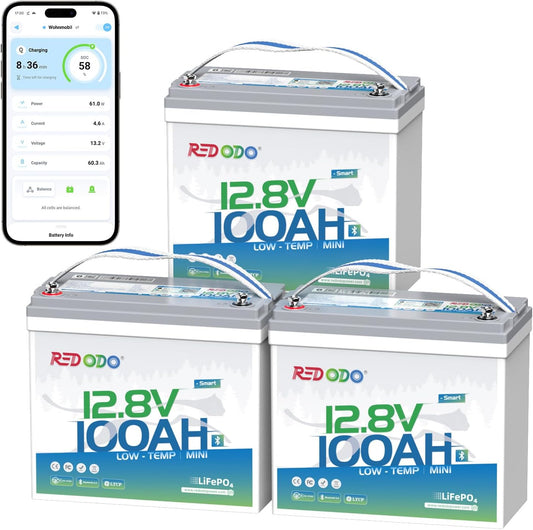Redodo 12V 100Ah Smart Mini Bluetooth LiFePO4 Battery, Smallest Lithium Battery，Max 1280Wh, 10-Year Lifespan with Up to 15000 Deep Cycles, Upgraded 100A BMS for RV, Marine, Solar, Camping - 3 Pack