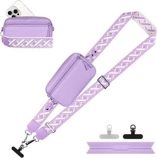 Clip and Go Strap for Phone with Wallet Crossbody, Adjustable Phone Lanyard with Detachable RFID Wristlet Wallet, Pattern Strap - Purple (L)