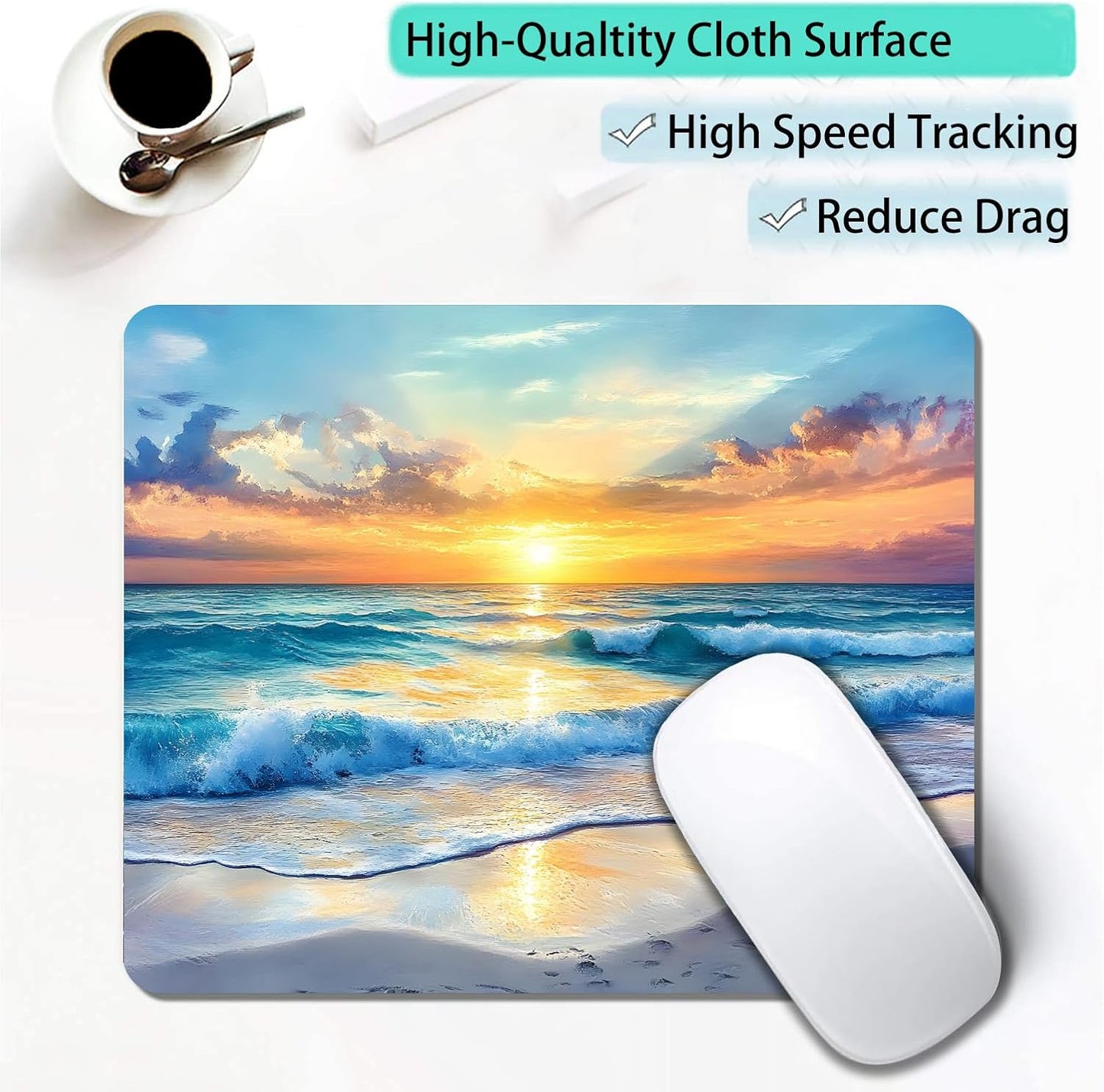 Aesthetic Sunrise Sunset Beach Custom Mouse Pad with Non-Slip Rubber, Small Square Design for Wireless Laptop & Computer Mouse Pads for Desk, 9.5 x 7.9 inch Smooth Surface for Gaming & Office