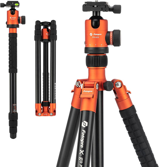 Fotopro 68" Camera Tripod for DSLR, Heavy Duty Compact Travel Tripod with Ball Head, Detachable Monopod with Quick Release Plate and Bag, Load up to 12KG/26.5lbs(Orange)