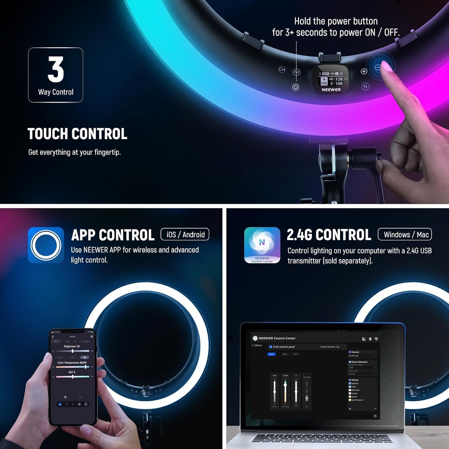 NEEWER 19" RGB LED Ring Light with Stand, 3 Phone Holders, Touch Panel, 2.4G/App Control, 42W CRI97+ 2800lux/0.5m 360° Hue Dimmable Professional Lighting for Makeup Live Streaming Zoom Calls, RP19C