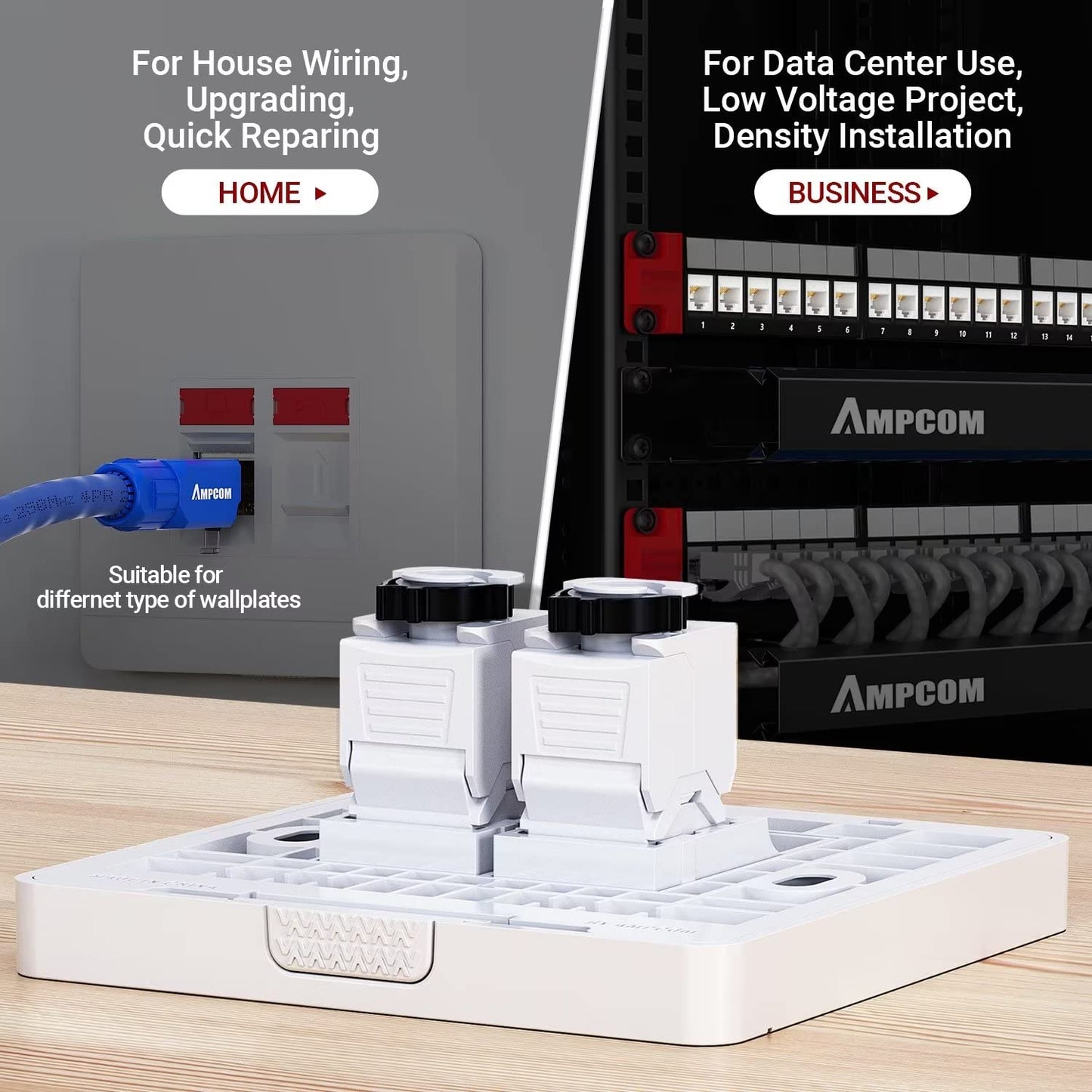 AMPCOM CAT6 RJ45 Keystone Jack - Reusable UTP Ethernet Wall Jack with Adjustable Ratchet Lock Design, No Tool and Zip Tie Required - 50u Gold Plated - White (2-Pack)