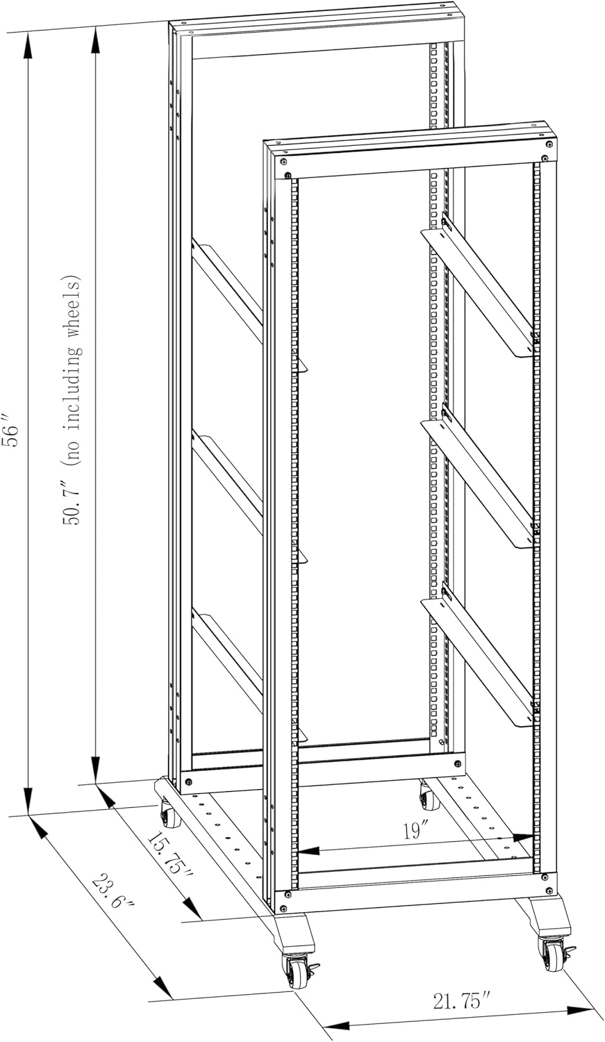 27U Server Rack/4-Post 19in Network Rack/Open Frame Rack with Wheels, Heavy-Duty Frame Cabinet/Adjustable Depth 15.75-13.75in GLOBALRACK(4POST-600-27U)