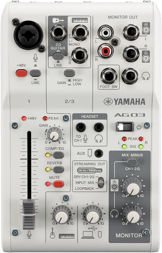 Yamaha AG03MK2 White 6-Channel Live Streaming Loopback Mixer/USB Interface with Steinberg Software Suite