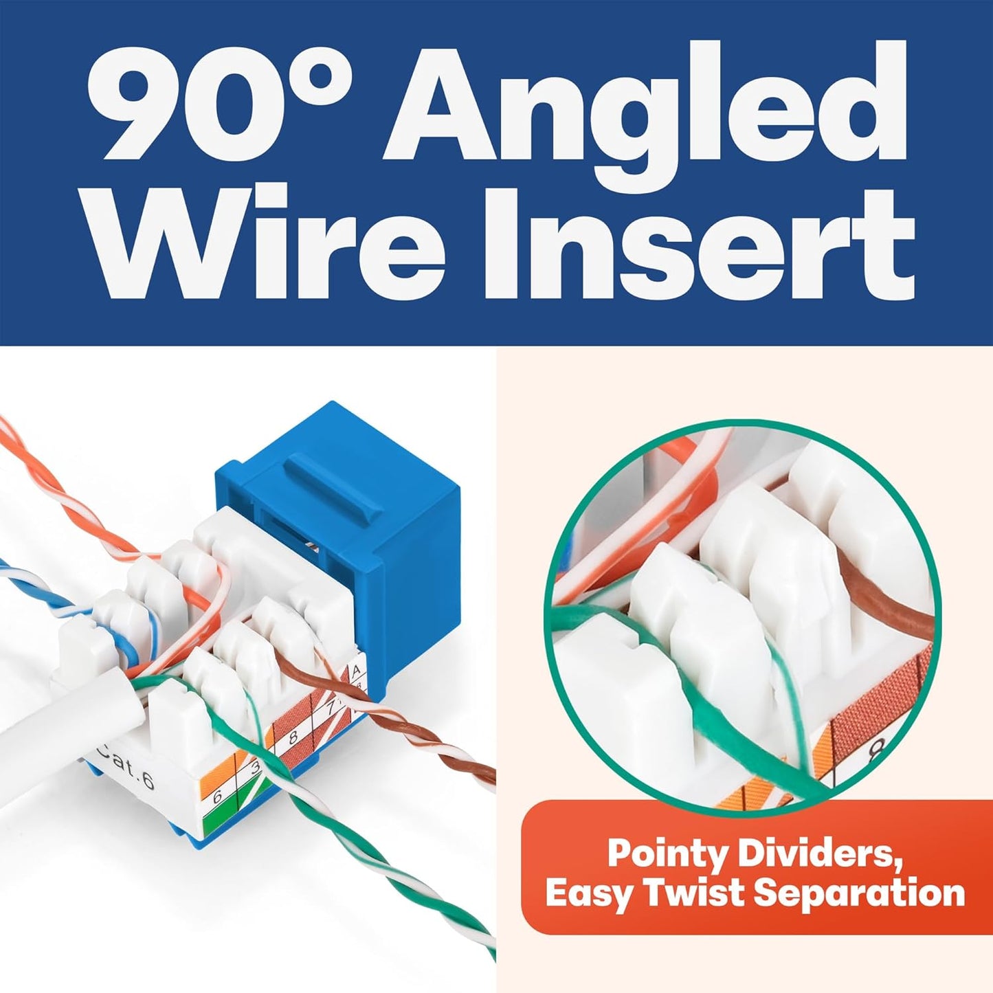 Everest 90° Angled RJ45 Cat6 Keystone Jacks 50-Pack in Blue - Slim Profile Female RJ45 Connectors - Cat 6 Keystone Jack - Compatible with 90° Angled Speed Termination Tool - easyJACK (B094WB91H3)