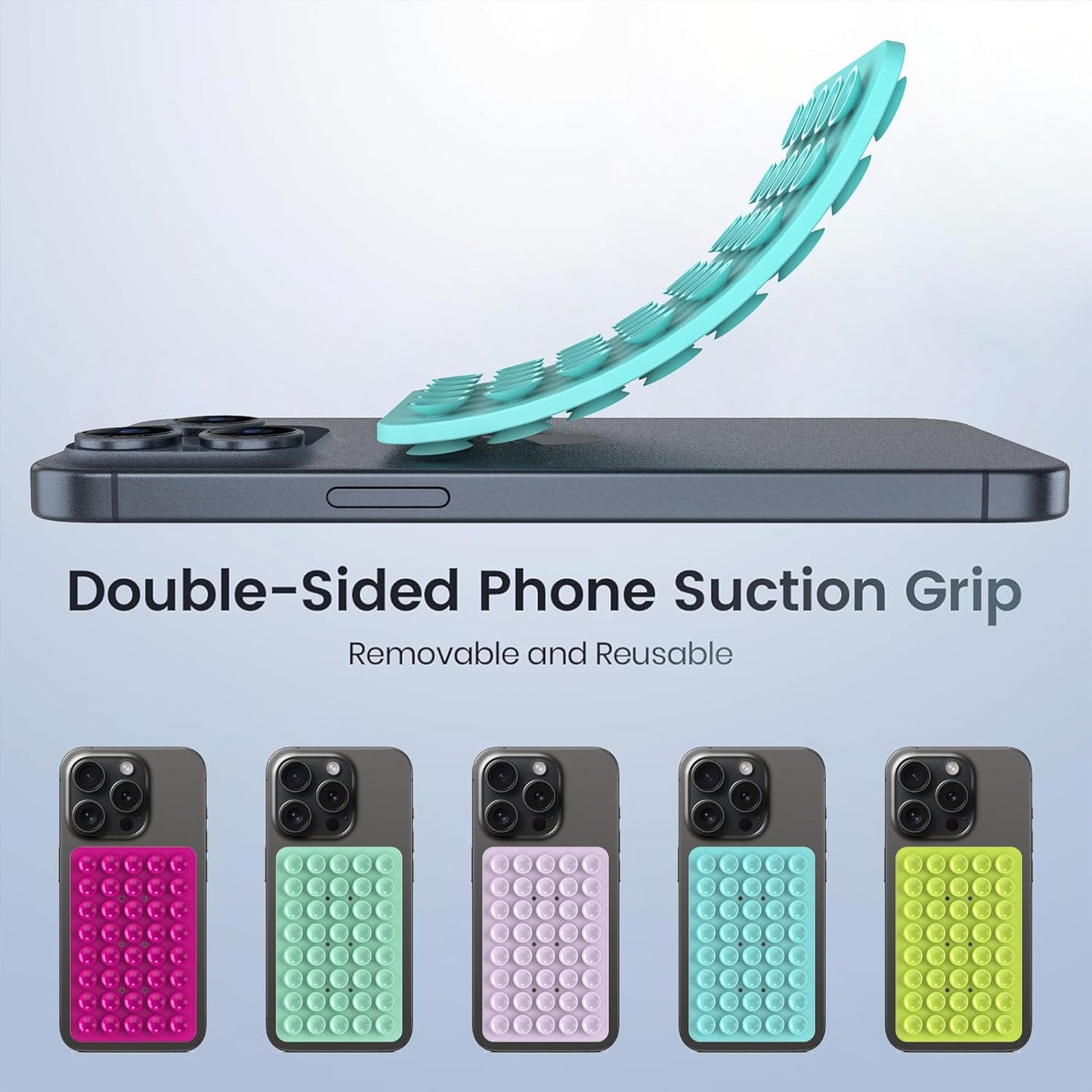 2PACK Silicone Double Sided Suction Phone Case Mount, Detachable Hands Free & Strong Grip Holder for Selfies & Videos, Compatible iPhone Android (Sky Blue, 2Pack 40 Suction Cups)