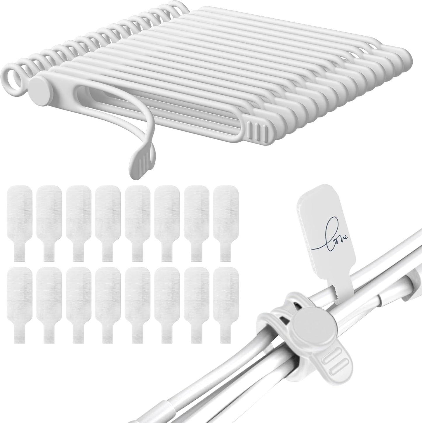 32Pcs Nearockle Cable Labels and Silicone Cable Ties Cable Management Set, Reusable 16 Cable Ties+16 Cord Labels for Electronics, Travel Home Office Desk Wire Organization (White)