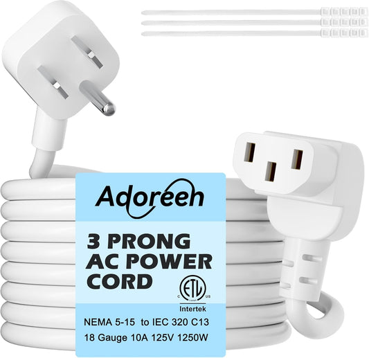 Adoreen 6 Ft Computer TV Replacement Power Cord White, Low Profile Flat Plug to 90 Degree Angled L-Shaped 18AWG 3-Prong AC Universal Power Supply Cable for Printer, PC, Monitor TV LCD, ETL+Ties