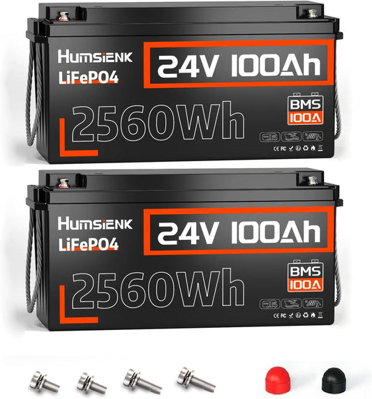 24V Lithium Battery 100Ah LiFePO4 Batterys 2 PCS, Built-in 100A BMS with Low-Temp, 15000+ Deep Cycles, 2560Wh Lithium Iron Phosphate Battery, for RV Solar Energy Off Grid Trolling Motor