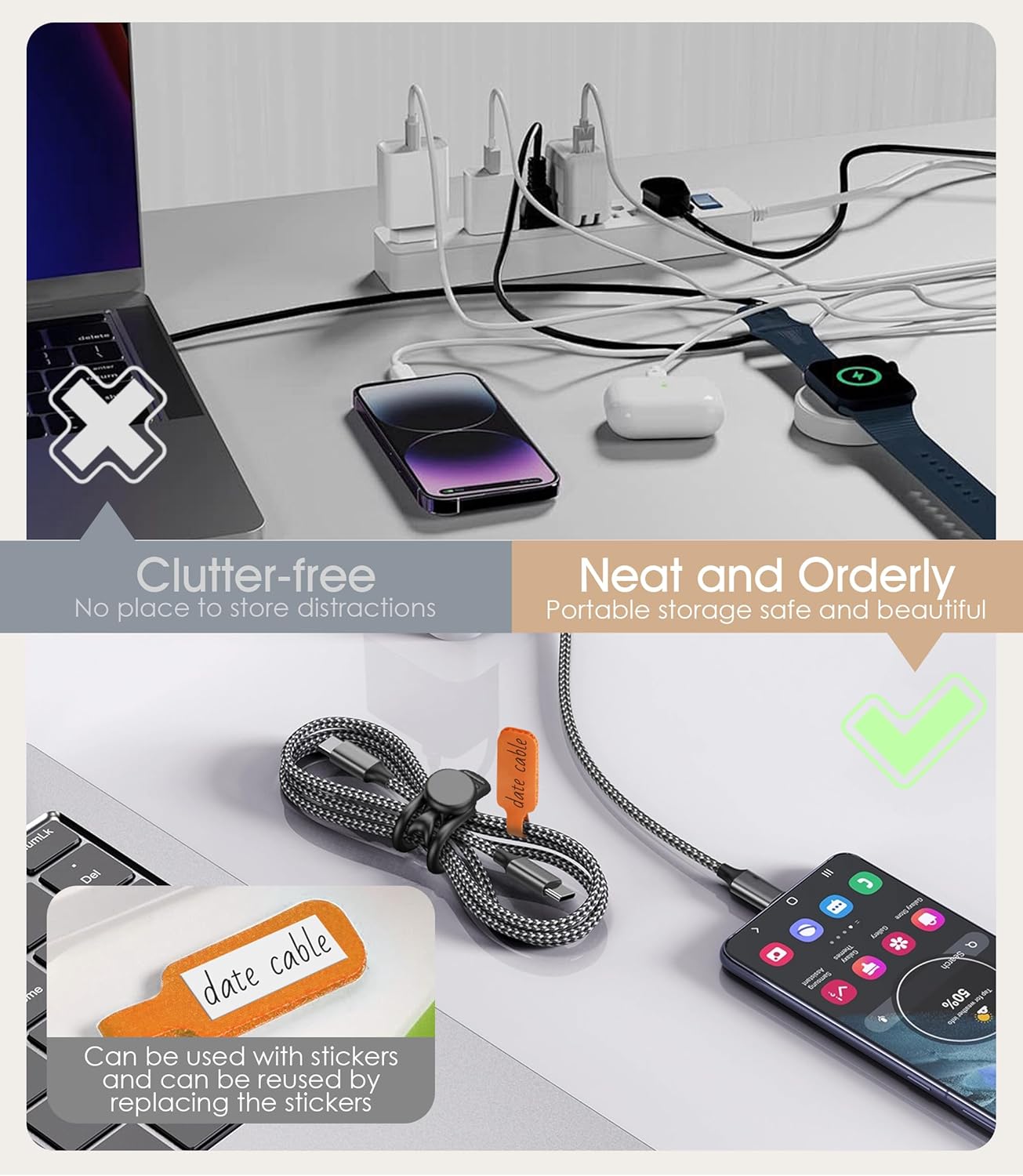 32Pcs Nearockle Cable Labels and Silicone Cable Ties Cable Management Set, Reusable 16 Cable Ties+16 Cord Labels for Electronics, Travel Home Office Desk Wire Organization (Multicolor)