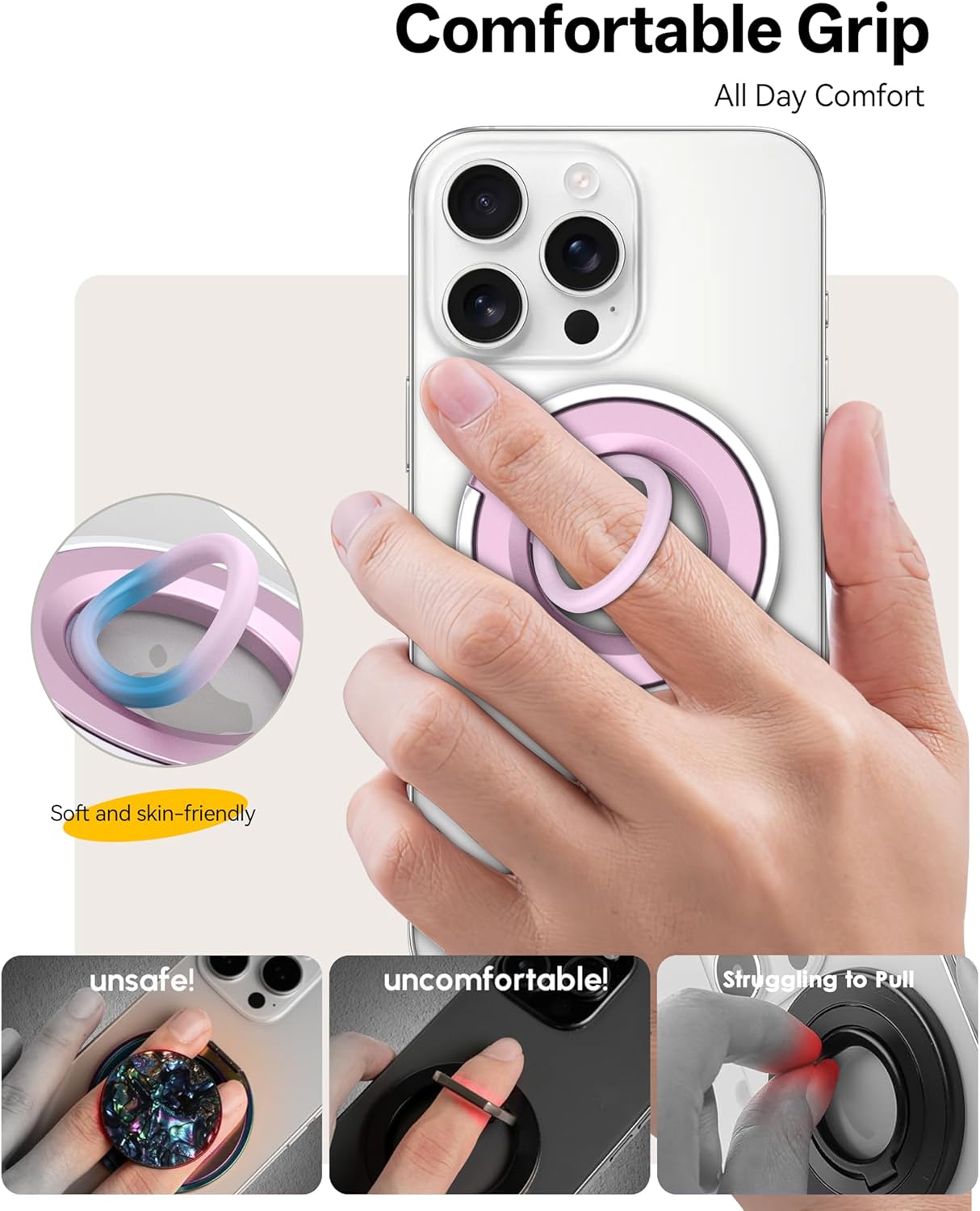 [2025 Upgrade] Magnetic Phone Grip for MagSafe Ring Holder, Two-Sided Magnets Phone Ring Grip Finger Kickstand Compatible with iPhone 16 Pro/Max 15 14 13 12 11 Plus & Android Phone (pink1)