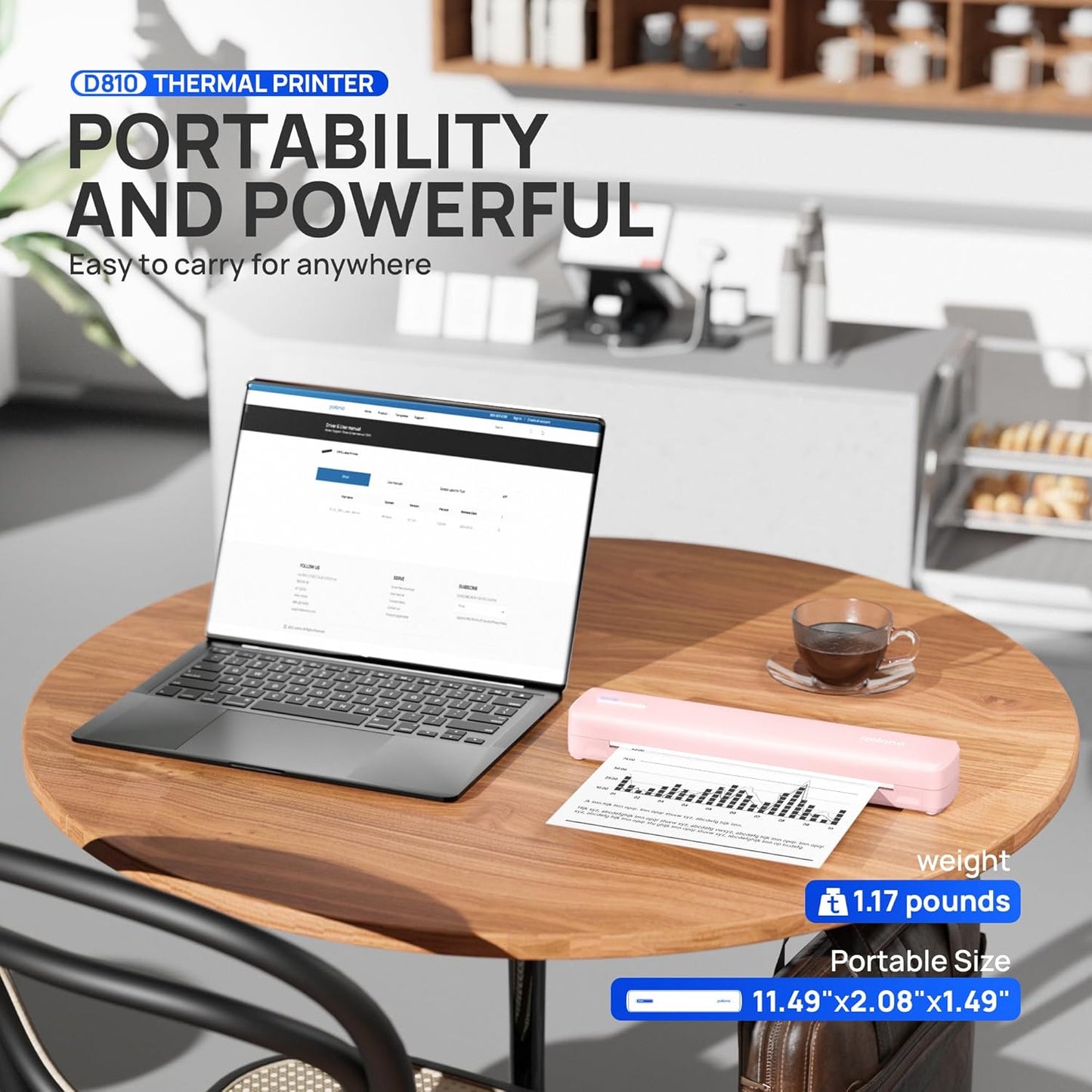 POLONO Portable Printer Wireless for Travel, D810 Bluetooth Thermal Printer Support for 8.5"x11" US Letter, Inkless Compatible with iOS, Android, Laptop for Office, Car and Home, Pink