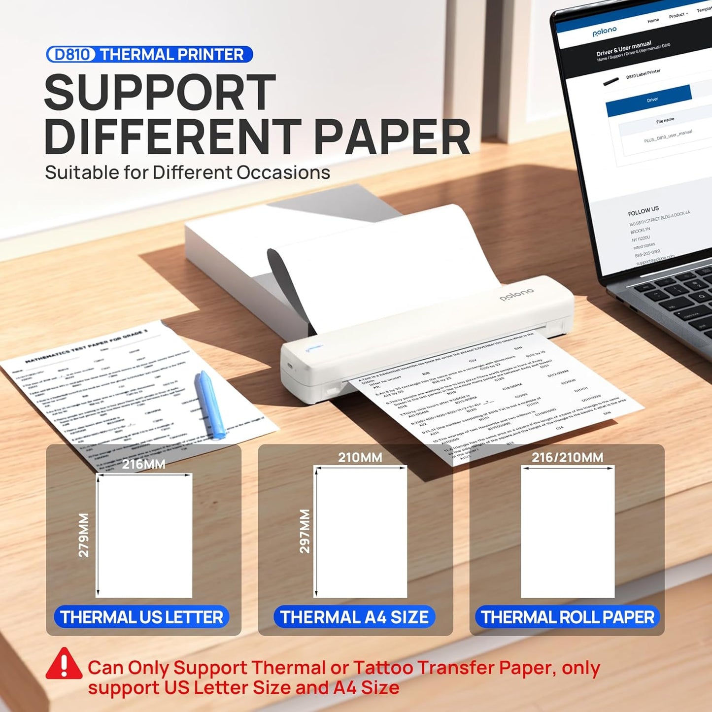 POLONO Portable Printer Wireless for Travel, D810 Bluetooth Thermal Printer Support for 8.5"x11" US Letter, Beige