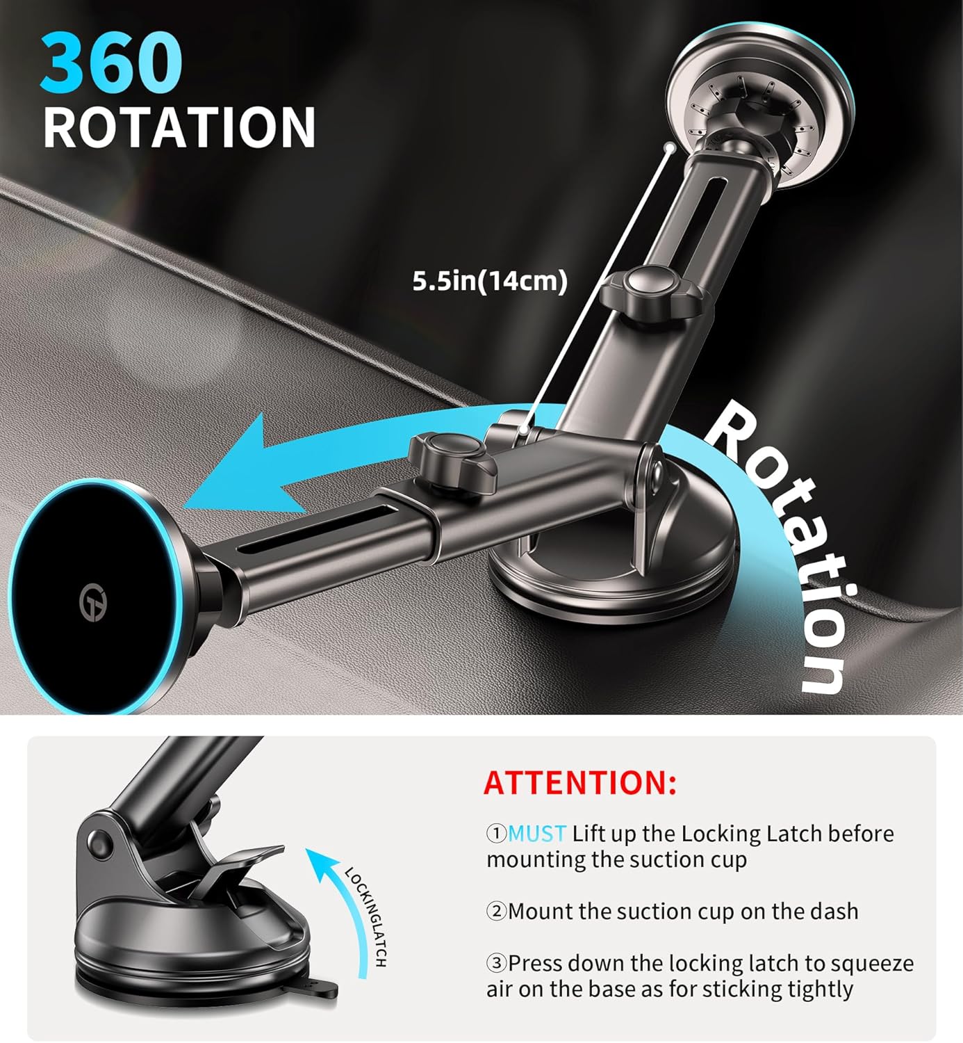 for Mag-Safe Car Mount Charger Dash Vent Windshield Wireless Car Charger with LED Light, Strong Magnetic Phone Holder for Car for iPhone 16 15 14 13 12 Series(Cyan)