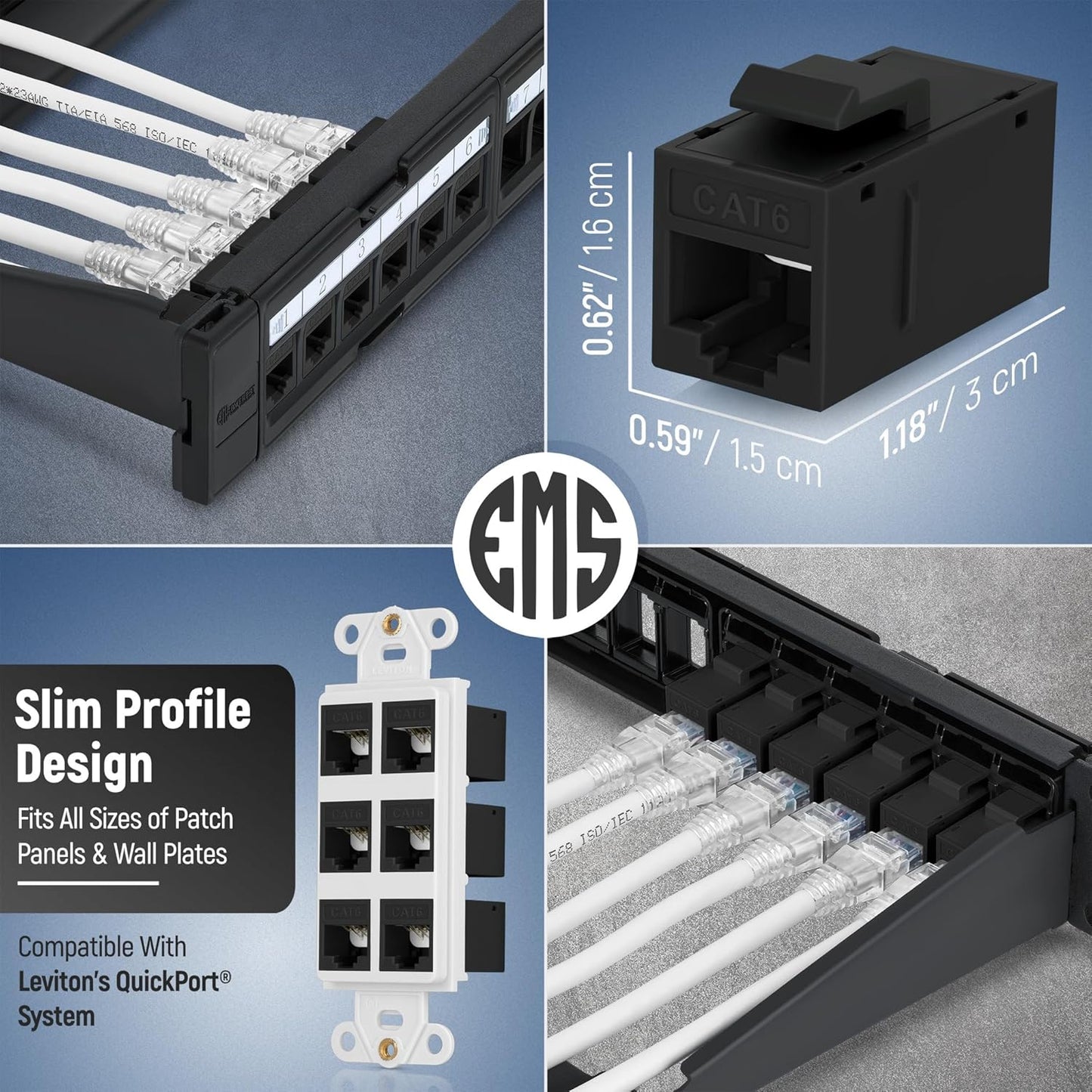 Everest Cat6 RJ45 Keystone Coupler (24-Pack) - Black - Female to Female - Ethernet Coupler