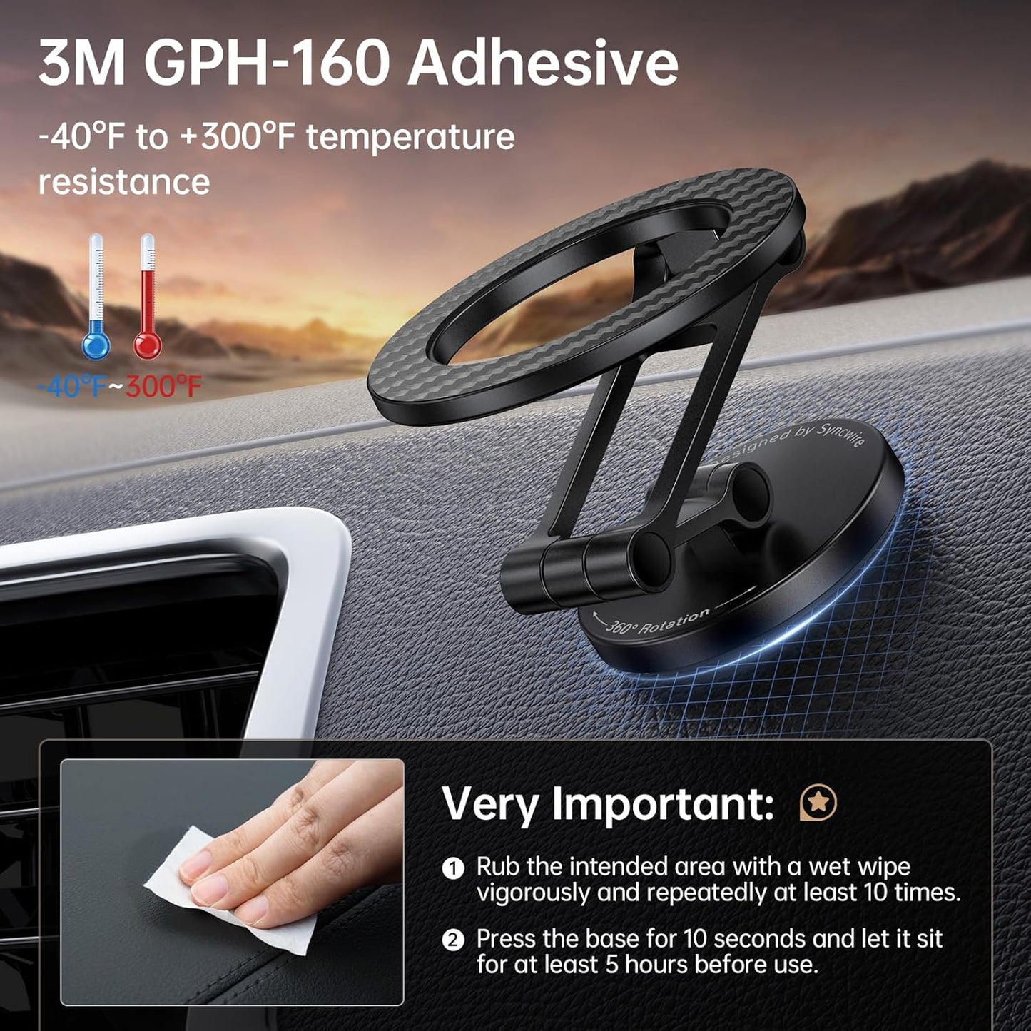 SYNCWIRE Fits MagSafe Car Mount, Magnetic Phone Holder for Car Dashboard, [Flexible Three-axis] 360° Rotation Magnetic Car Mount Strong Magnets Car Phone Holder Fits iPhone 16 15 14 13 12 Pro Max