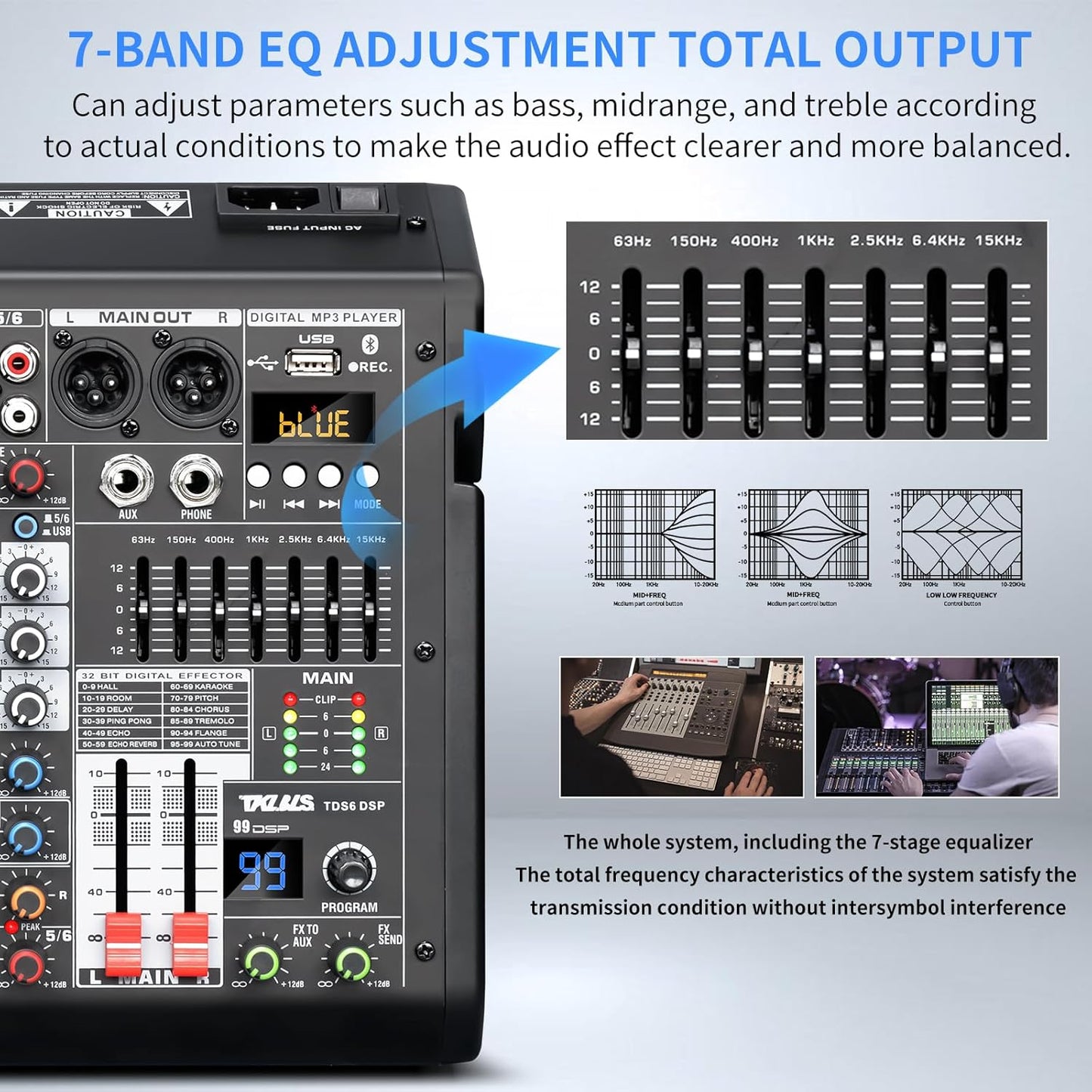 Audio Mixer, 6-Channel Professional DJ Mixer with 99-Bit DSP Effects, 7-Band EQ, 48V Phantom Power, MP3/Computer Input - Studio Audio Mixing Console for Recording & Live Performances