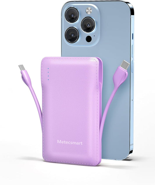 10000mAh Portable Phone Charger with Built-in 2 Cables, Small Slim Mini Power Bank Fast Charging, USB-C In/Output External Battery Pack, Travel Essentials Compatible with Android/IOS Phones