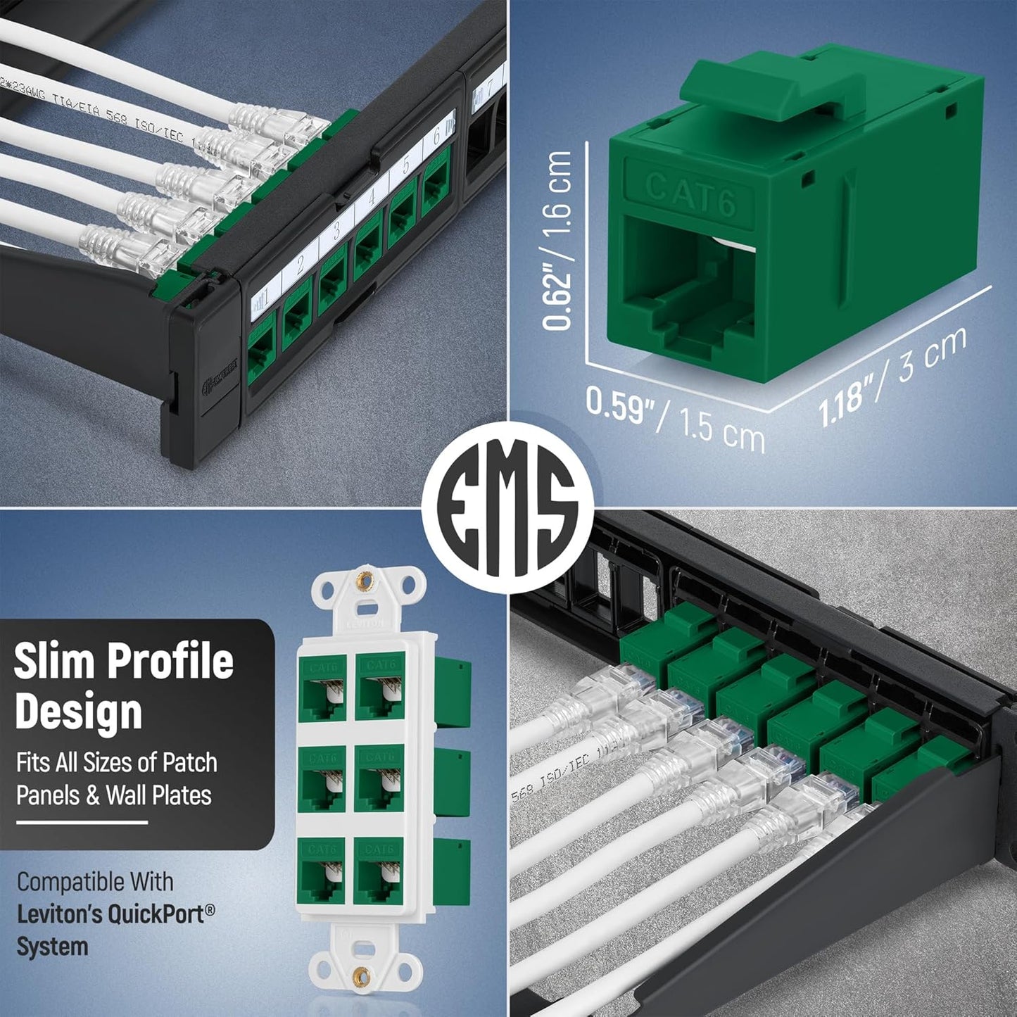 Everest Cat6 RJ45 Keystone Coupler (24-Pack) in Green - RJ45 Coupler - Cat 6 Couplers - Female to Female Cat6 Keystone Jacks - Ethernet Couplers - Ethernet Cable Extender