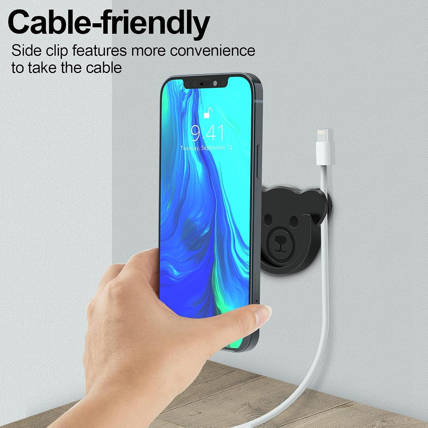 TOPGO Socket Car Mount for Phone Holder Cute Bear Style Silicone Grip Stand with Phone line Clasp for Collapsible Socket User Used on Dashboard, Home, Office, Kitchen, Desk, Wall (Black) 3 Pack