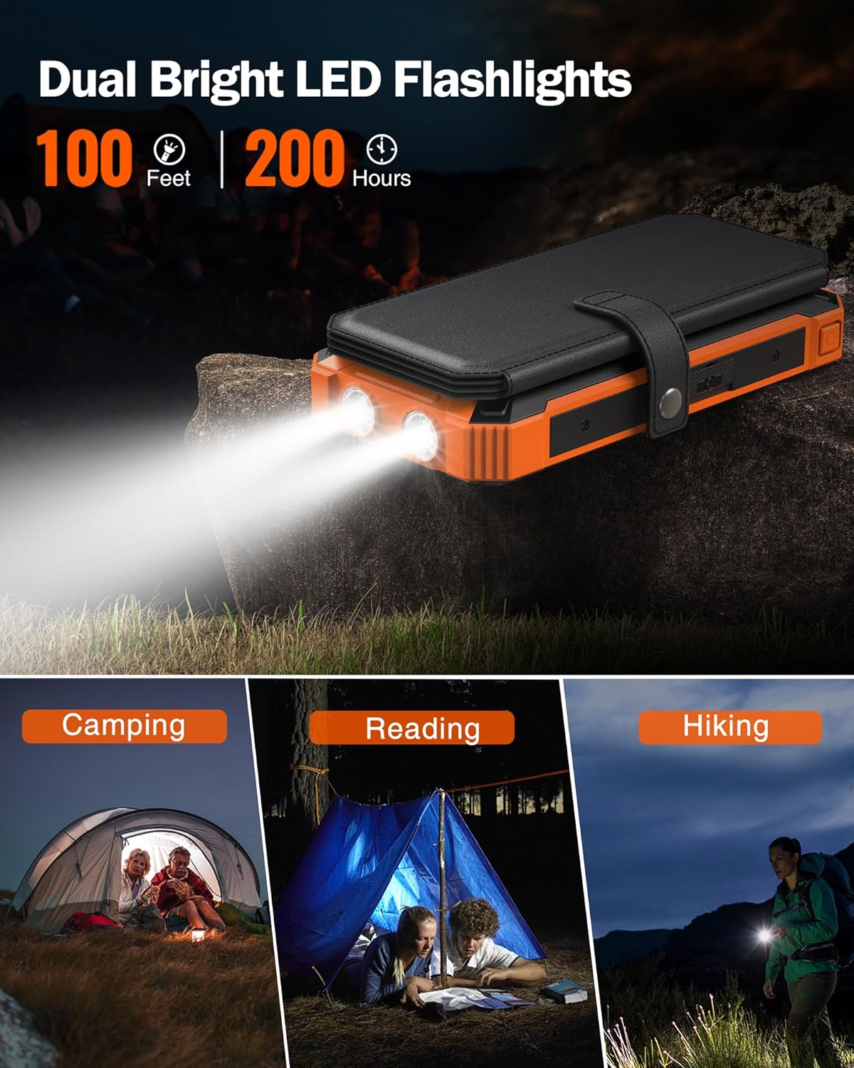 GOODaaa Power Bank Wireless Charger 36800mAh Solar Charger with Five Solar Panels Built-in Four Cable Five Outputs Portable Power Bank for Cell Phone with Dual Flashlights, Carabiner