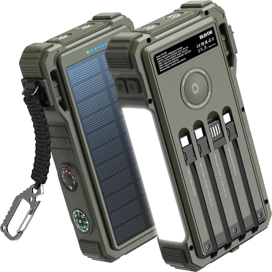 BLAVOR Solar Power Bank 20000mAh/74000mWh Built-in Cables, Wireless Charger for Apple Watch, 20W Fast Charging Battery Pack with USB C, Flashlight, Solar Charger for iPhone, iPad, iWatch, Samsung