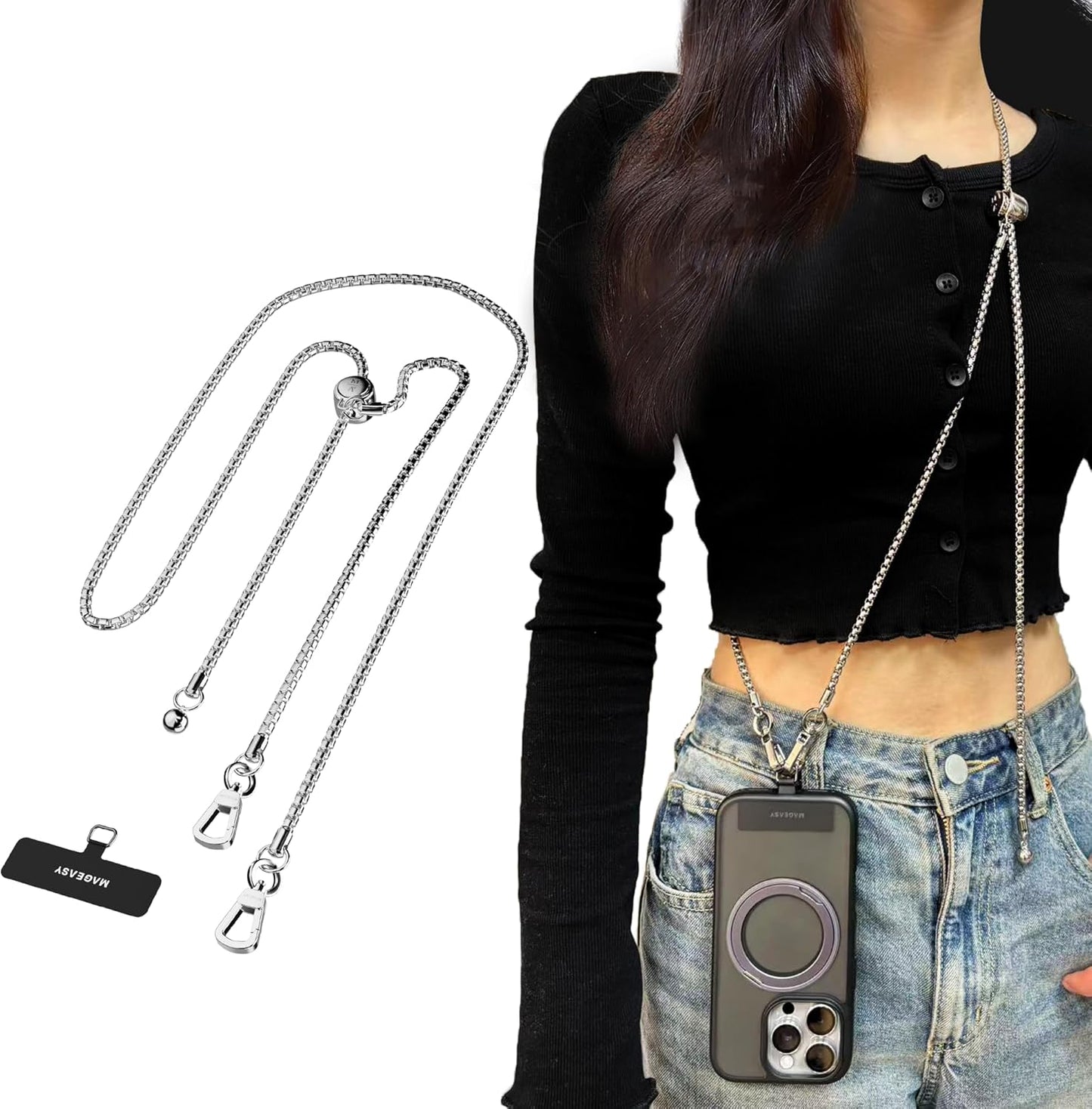 MAGEASY Crossbody Phone Chain Strap - Universal Metal Crossbody Phone Lanyard With Adjustable Length, Chic Cell Phone Necklace Crossbody Strap for iPhone & Android Phones - Silver Metal
