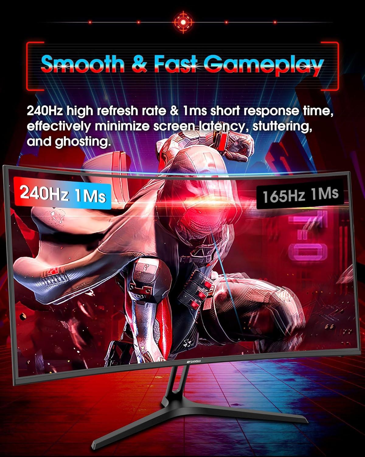 SANSUI 27 Inch Curved 240Hz Gaming Monitor FHD 1080P, 1500R Curve Computer Monitor, 130% sRGB, 4000:1 Contrast, HDR, FreeSync, MPRT 1Ms, Low Blue Light, HDMI DP Ports, Metal Stand, DP Cable Incl.