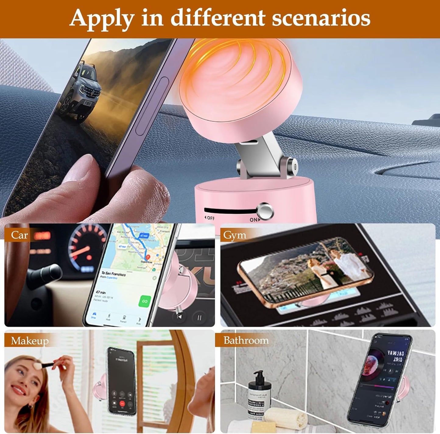 Foldable Vacuum Magnetic Suction Phone Holder,Retractable Magnetic Car Holder,Hands-Free Portable Multifunctional Vacuum Suction Phone Mount for Car, Mirror, Gym, Kitchen (Pink)