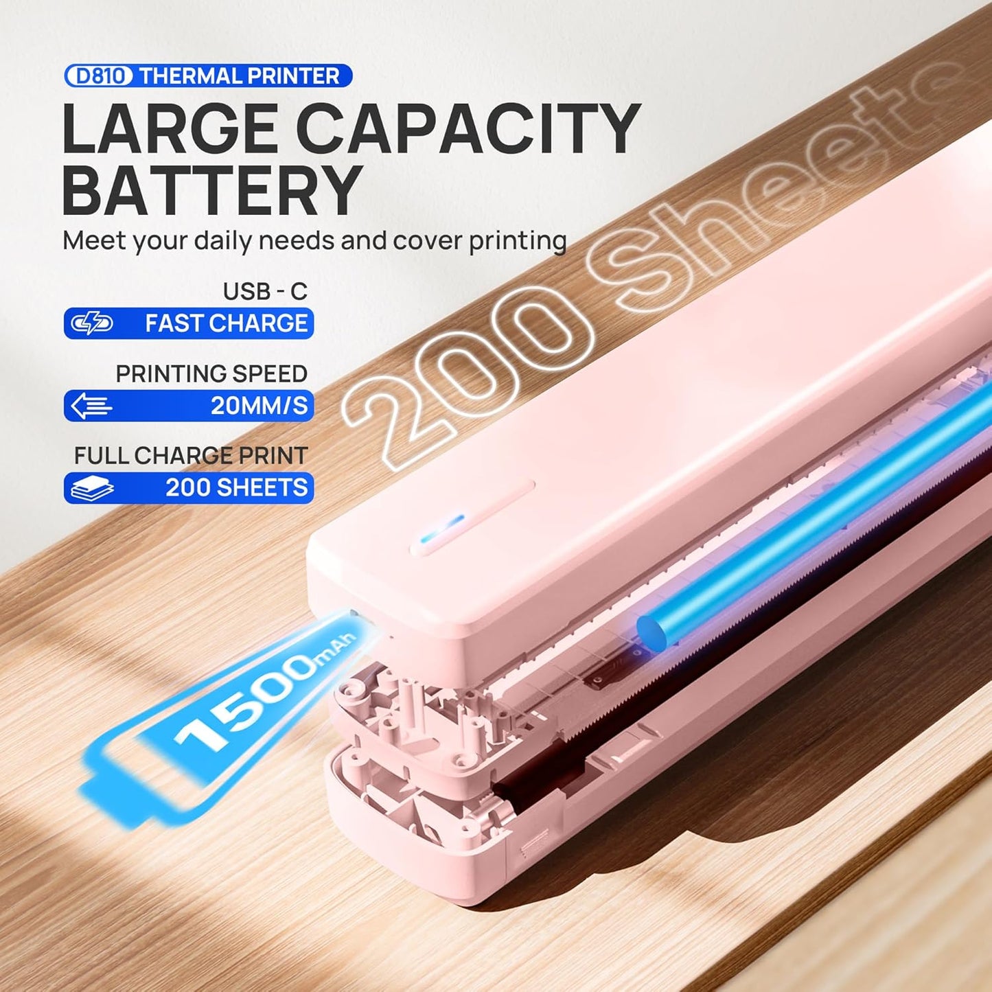 POLONO Portable Printer Wireless for Travel, D810 Bluetooth Thermal Printer Support for 8.5"x11" US Letter, Inkless Compatible with iOS, Android, Laptop for Office, Car and Home, Pink