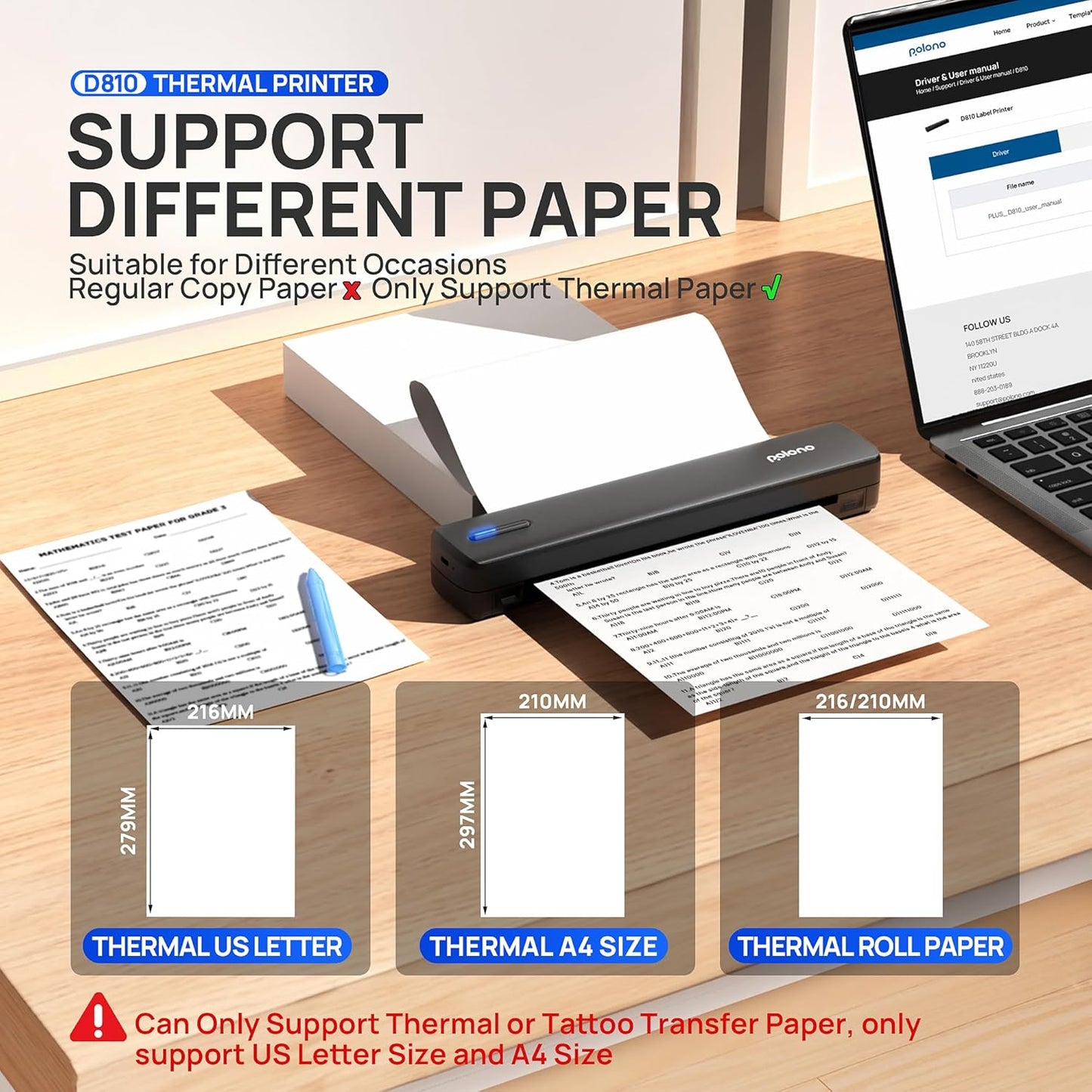 POLONO Portable Printer, D810 Inkless Bluetooth Thermal Printer Wireless for Travel, Compatible with iOS, Android, Laptop, Supports 8.5"x11" US Letter for Office, Car, Home, Black, 1 Pack