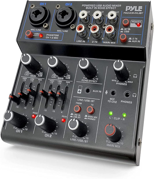 Pyle Professional Wireless DJ Audio Mixer - 4 Channel Bluetooth Controller Sound Mixer, USB Audio Interface, 2 Combo Jack XLR+6.35mm Mic/Line/Guitar in, 3.5mm, RCA AUX, Headphone Jack - PAD43MXUBT