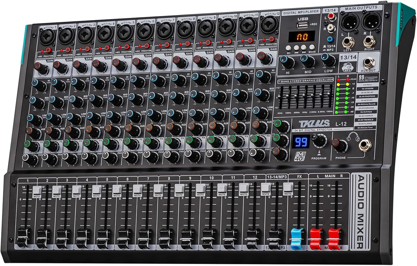 DJ Mixer, TKLBLS Professional 12 Channel Audio Mixer Board with 99-Bit DSP, Sound Board Mixing Console 7-Band EQ Output, USB Audio Interface, Bluetooth 48V Phantom Power For Karaoke Studio Streaming