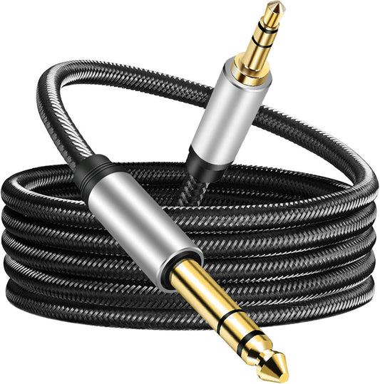 3.5 mm to 6.35 mm Audio Cable 15Ft, Gold-Plated Terminal Silver Color Zinc Alloy Housing 3.5mm 1/8" Male TRS to 6.35mm 1/4" Male TRS Nylon Braided Stereo Audio Cable for Cellphone, Amplifiers(15Ft/5M)